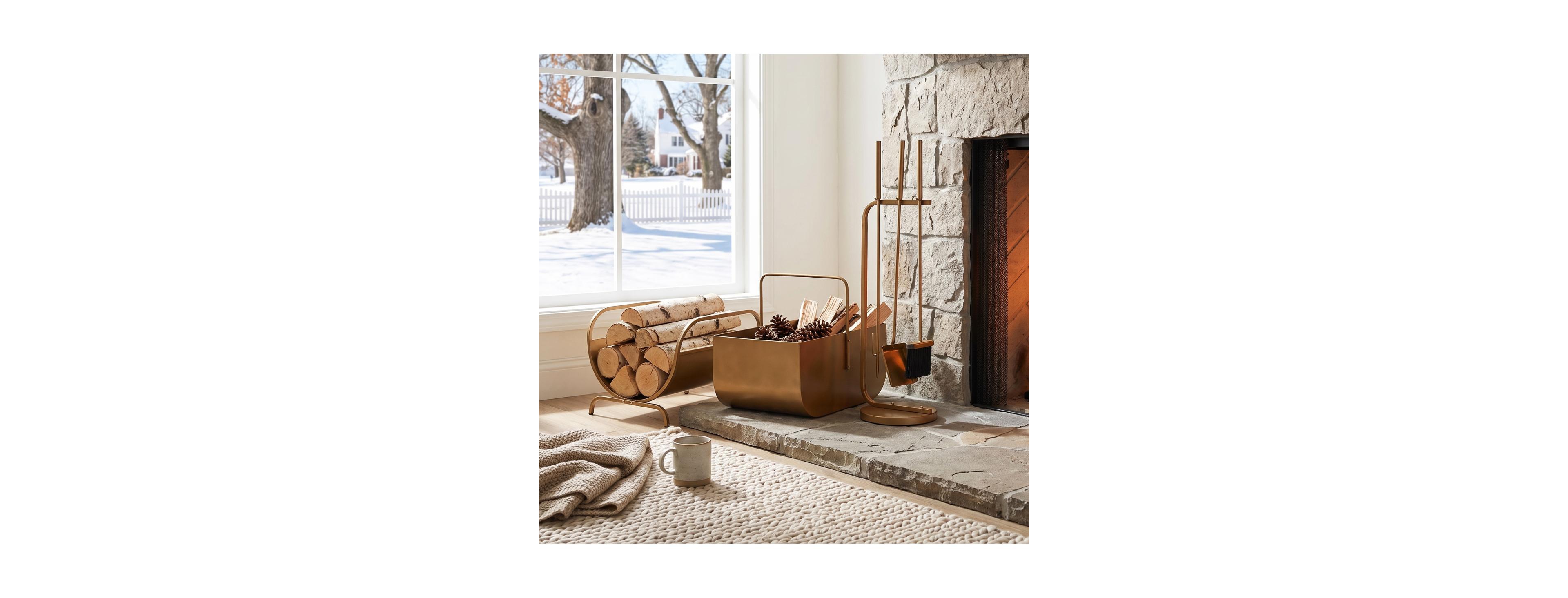 Streamdale Furniture Modern 3-Piece Fireplace Tool Set with Log Rack and Storage Bucket