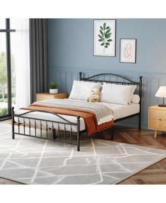 Full Size Metal Bed Frame with Vintage Beaded Headboard and Footboard, No Box Spring Needed, Under Bed Storage for Bedroom