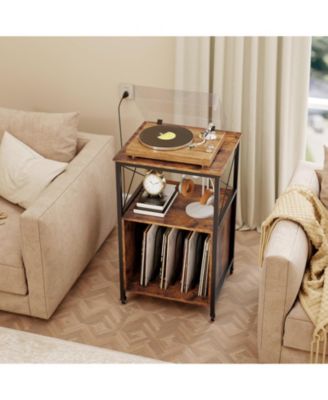 32 Inch MDF and Metal Mobile Record Player Stand with Power Outlet, Open Shelf and Dividers
