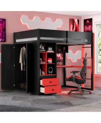 Solid Wood Full Loft Bed with Desk, Storage, Wardrobe and LED Lights