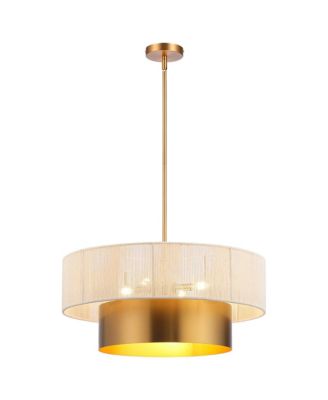24" Modern Boho Handwoven Rope 5 Light Tiered Drum Chandelier with Adjustable Downrods