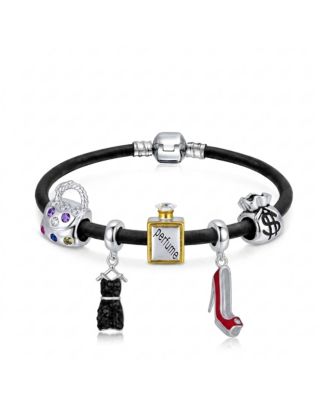 Cubic Zirconia and Crystal Big Spender Fashionista Sterling Silver Leather Charm Bracelet