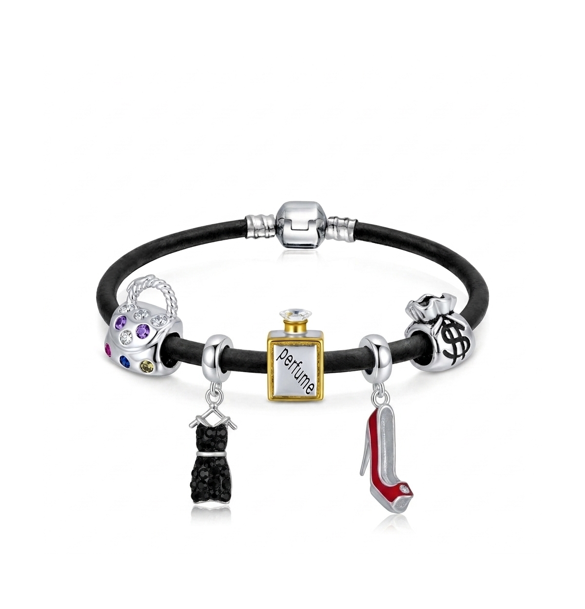 Bling Jewelry Cubic Zirconia and Crystal Big Spender Fashionista Sterling Silver Leather Charm Bracelet - Black