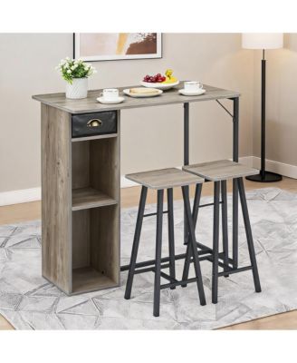 3 Piece Counter Height Bar Table Set with 2 Stools, Storage Shelves and Fabric Drawer