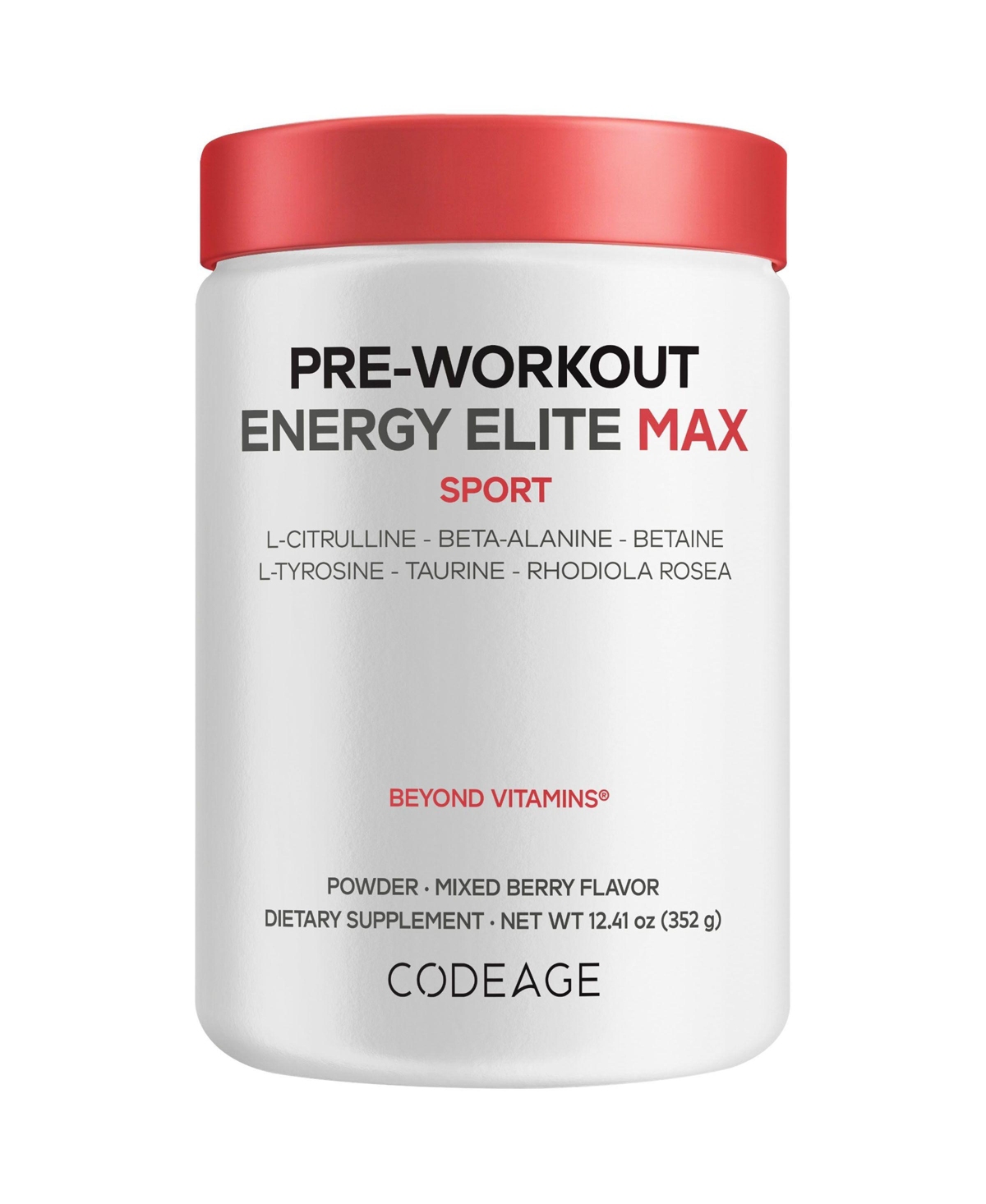 Codeage Pre-Workout Energy Elite Max, L-Tyrosine Taurine, Citrulline, Betaine, Mixed Berry, 12.41 Ounce - White