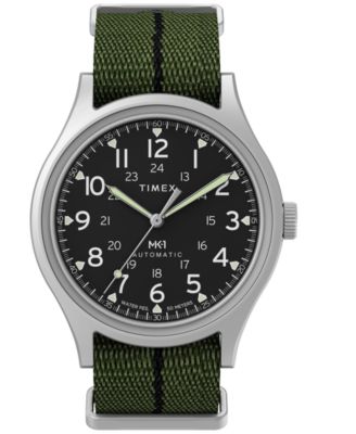 Men's Automatic Green Fabric Round Silver-Tone Stainless Steel Watch 40mm