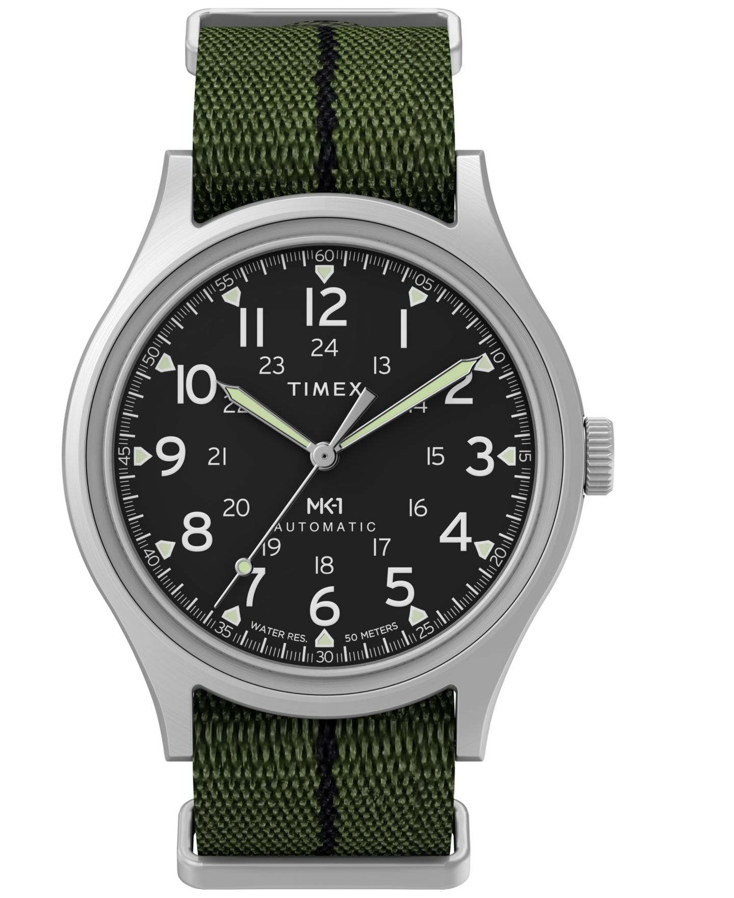 Мужские часы Timex Automatic Green Fabric Round Silver-Tone Stainless Steel 40mm — фото 1