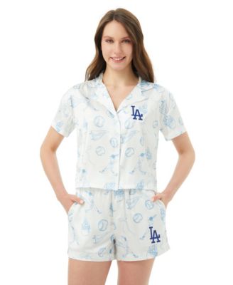 Women's White Los Angeles Dodgers Hilton Satin Allover Print Button-Up Shirt outfit Shorts Set