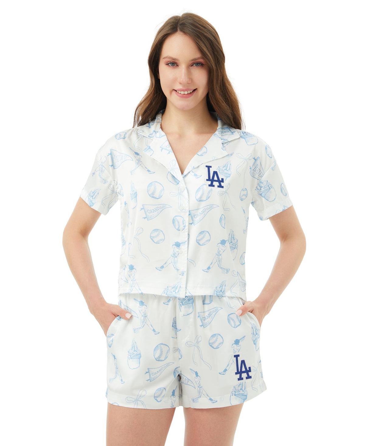 Concepts Sport Women's White Los Angeles Dodgers Hilton Satin Allover Print Button-Up Shirt outfit Shorts Set - White, Blue