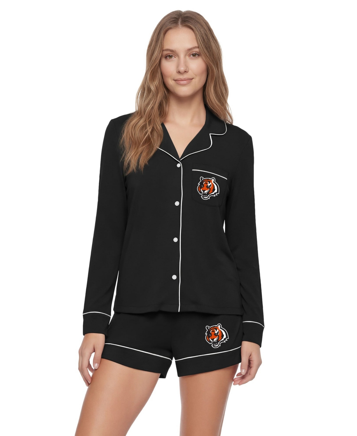 Concepts Sport Women's Black Cincinnati Bengals Medley Long-Sleeves Button-Up and Shorts Sleep Set