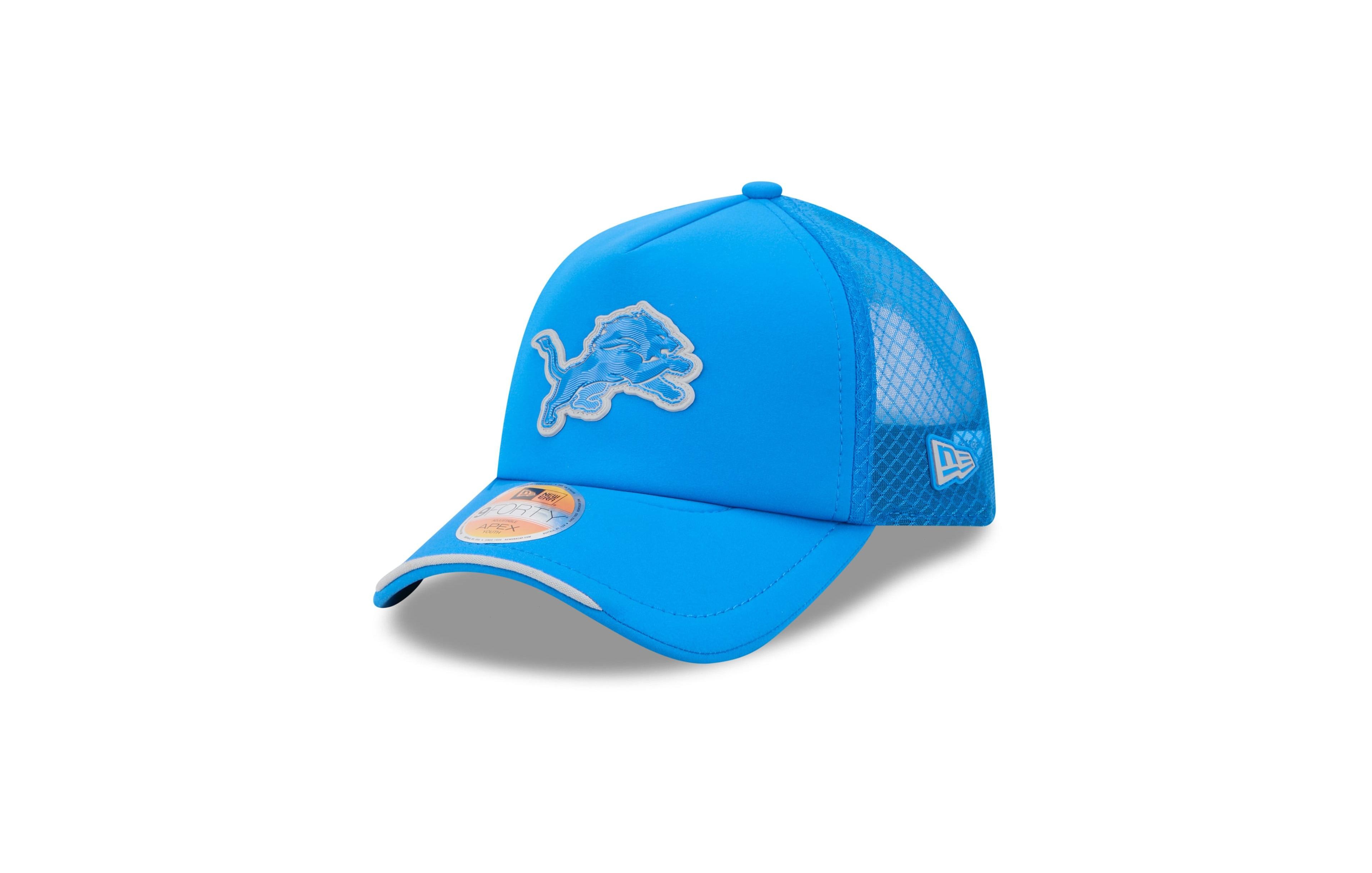 New Era Big Boys' and Girls' Blue Detroit Lions 2026 Sideline Apex 9FORTY Adjustable Trucker Hat