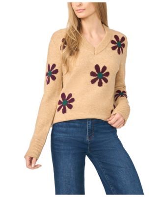 Women's Groovy Floral-Print V-Neck Sweater