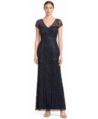 Women's Beaded Cap Sleeve V-Neck Gown