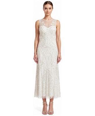 Women's Beaded Illusion Crewneck Midi Dress