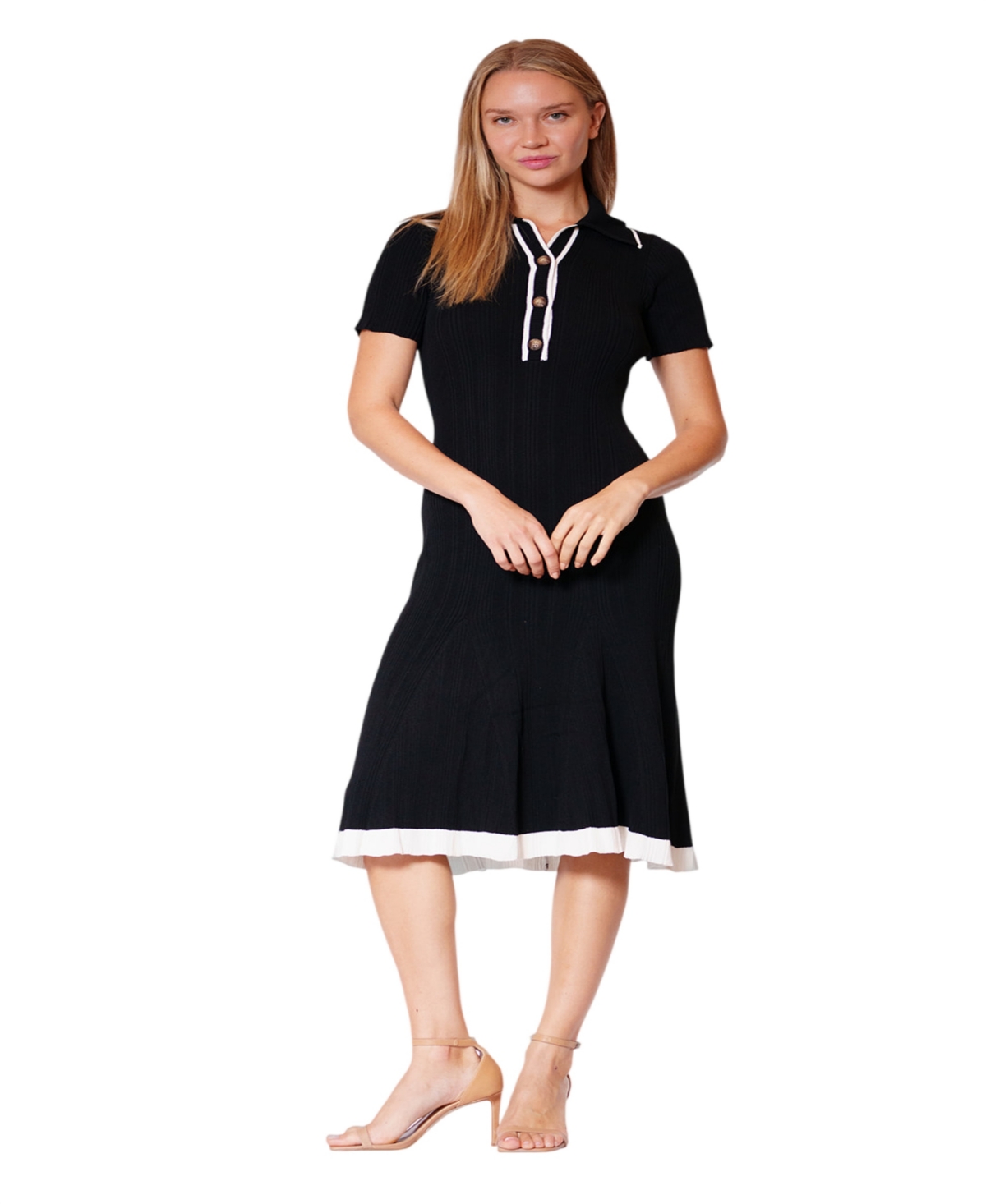 julia jordan Women's Short-Sleeve Collared Ribbed Midi Dress