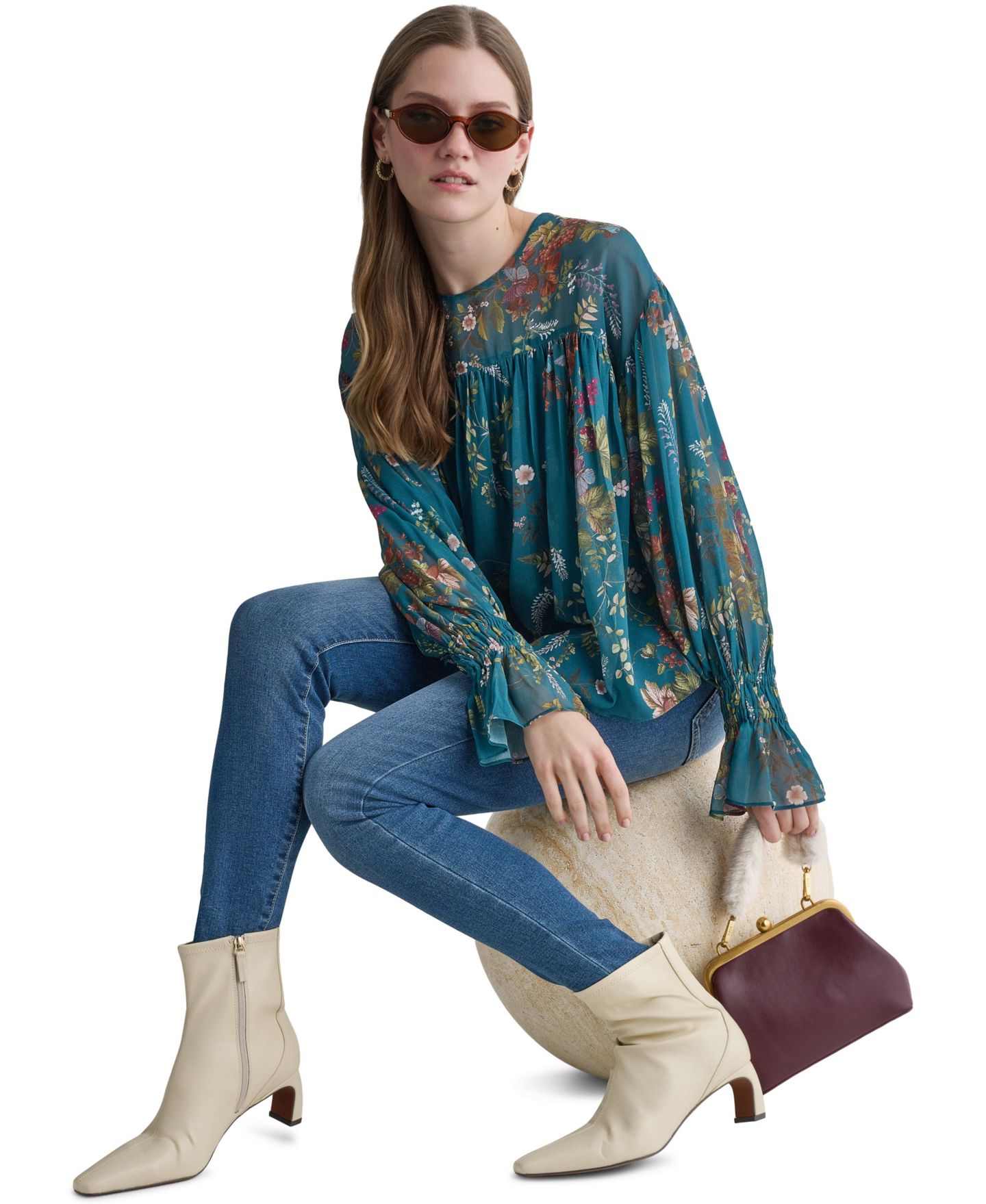Женская блузка BCBG Drop-Shoulder Chiffon Crew Neck Long Sleeve, цвет: Королевский синий бирюзовый разноцветный — фото 6