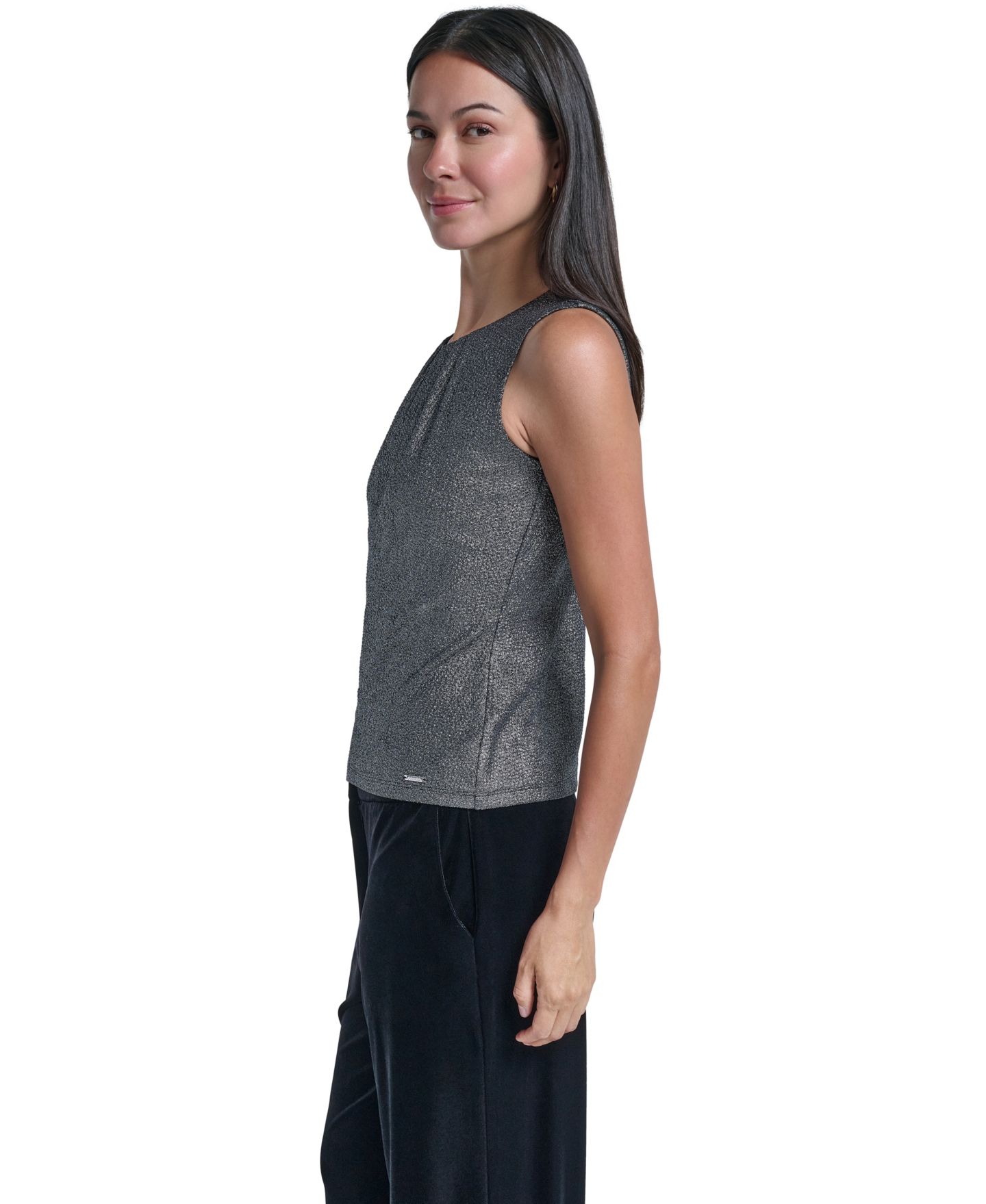 Женская блузка Calvin Klein Sleeveless Pleated Crewneck, цвет: Чёрный / Серебряный — фото 3