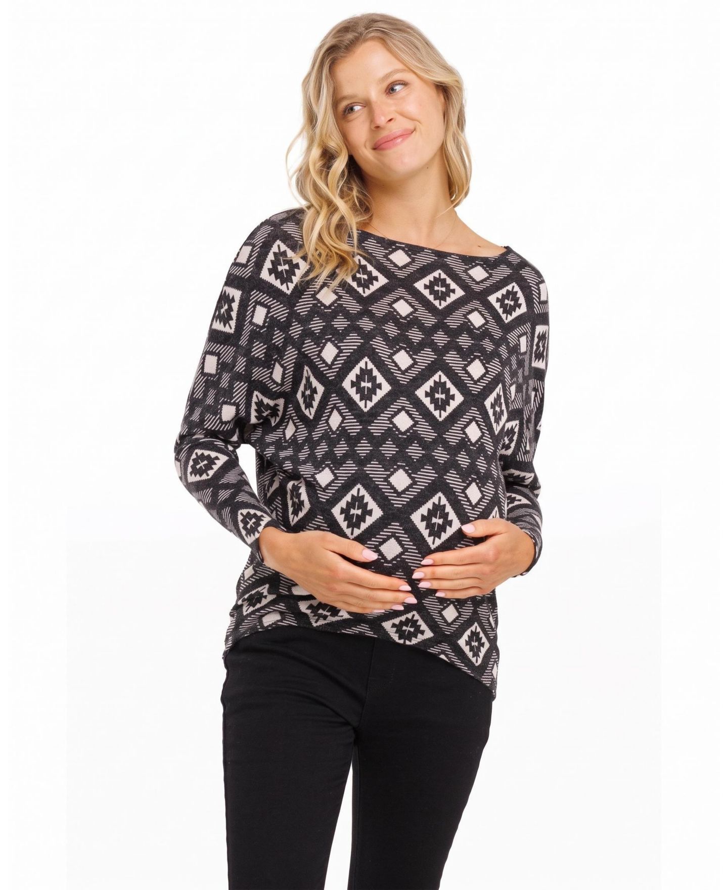 Женский топ Hello Miz Maternity Dolman Long-Sleeve Geometric Rib-Knit Top, цвет: Чёрный — фото 1