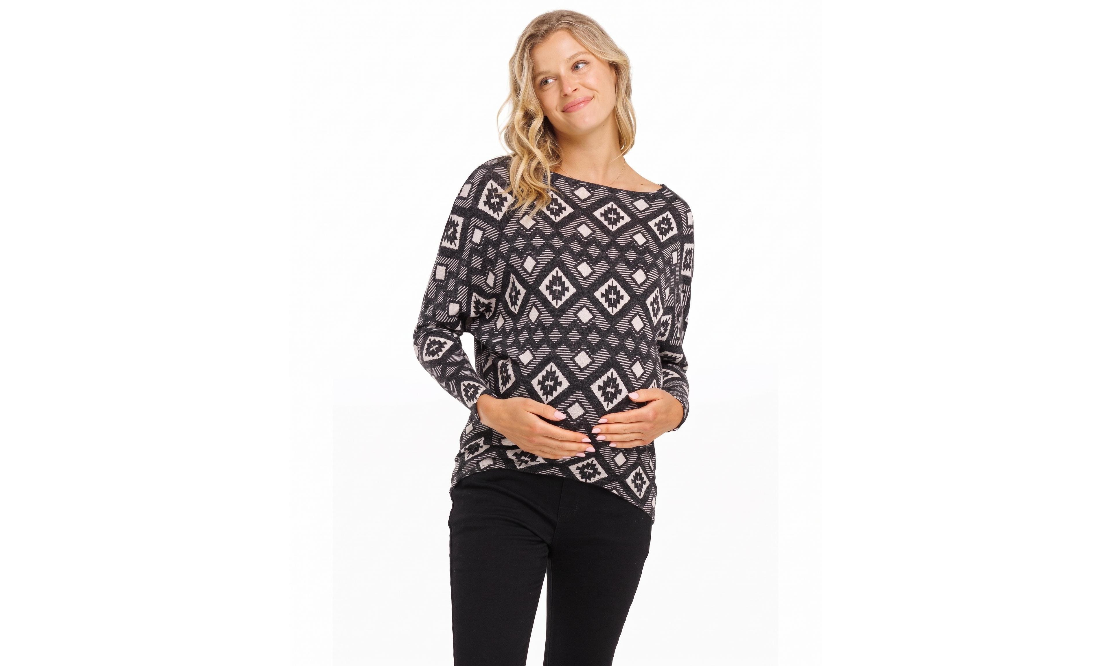 Hello Miz Maternity Dolman Long-Sleeve Geometric Rib-Knit Top