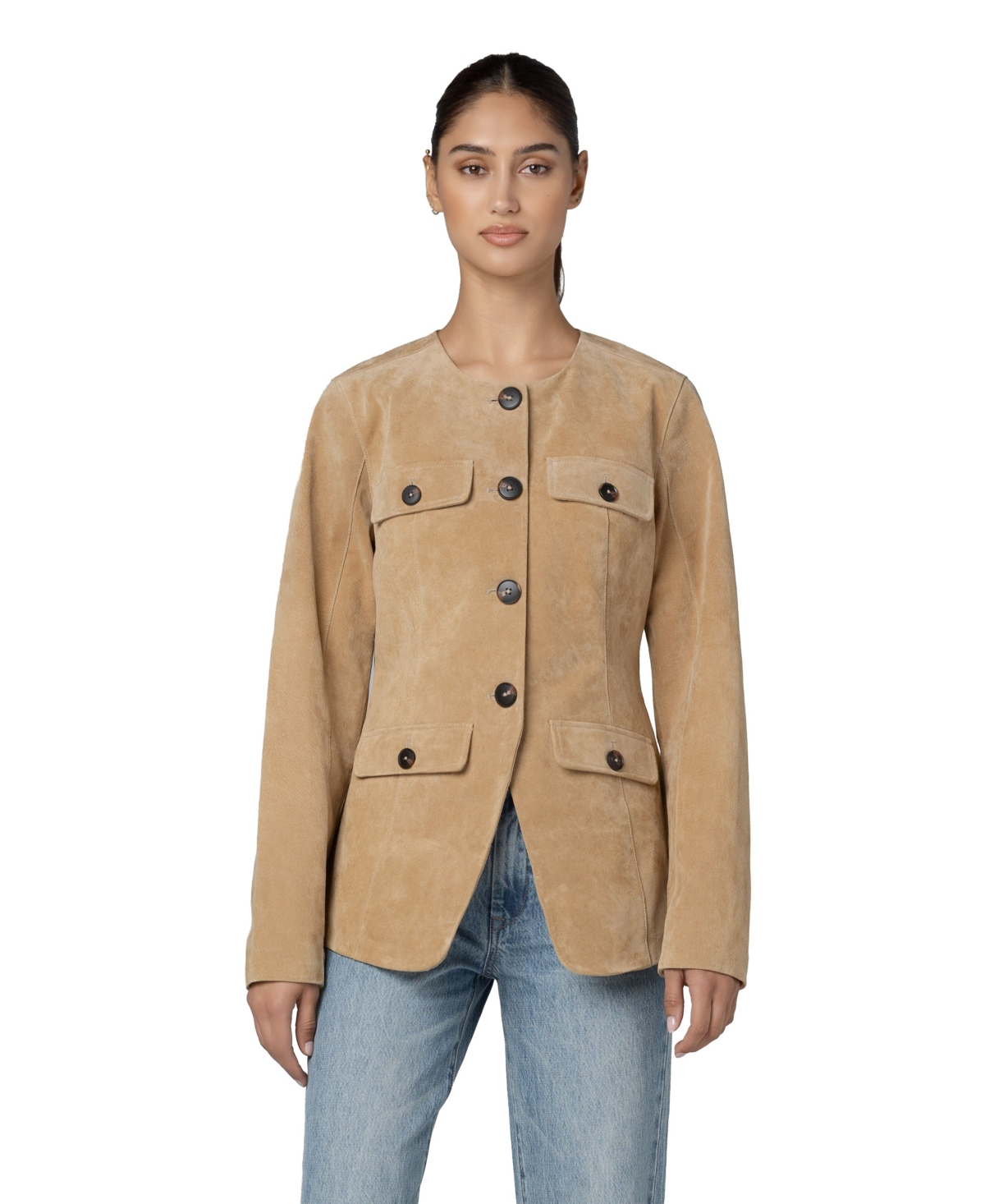 Blank Nyc Women's Collarless Scoop Neck Suede Jacket - Cinnamon Crunch