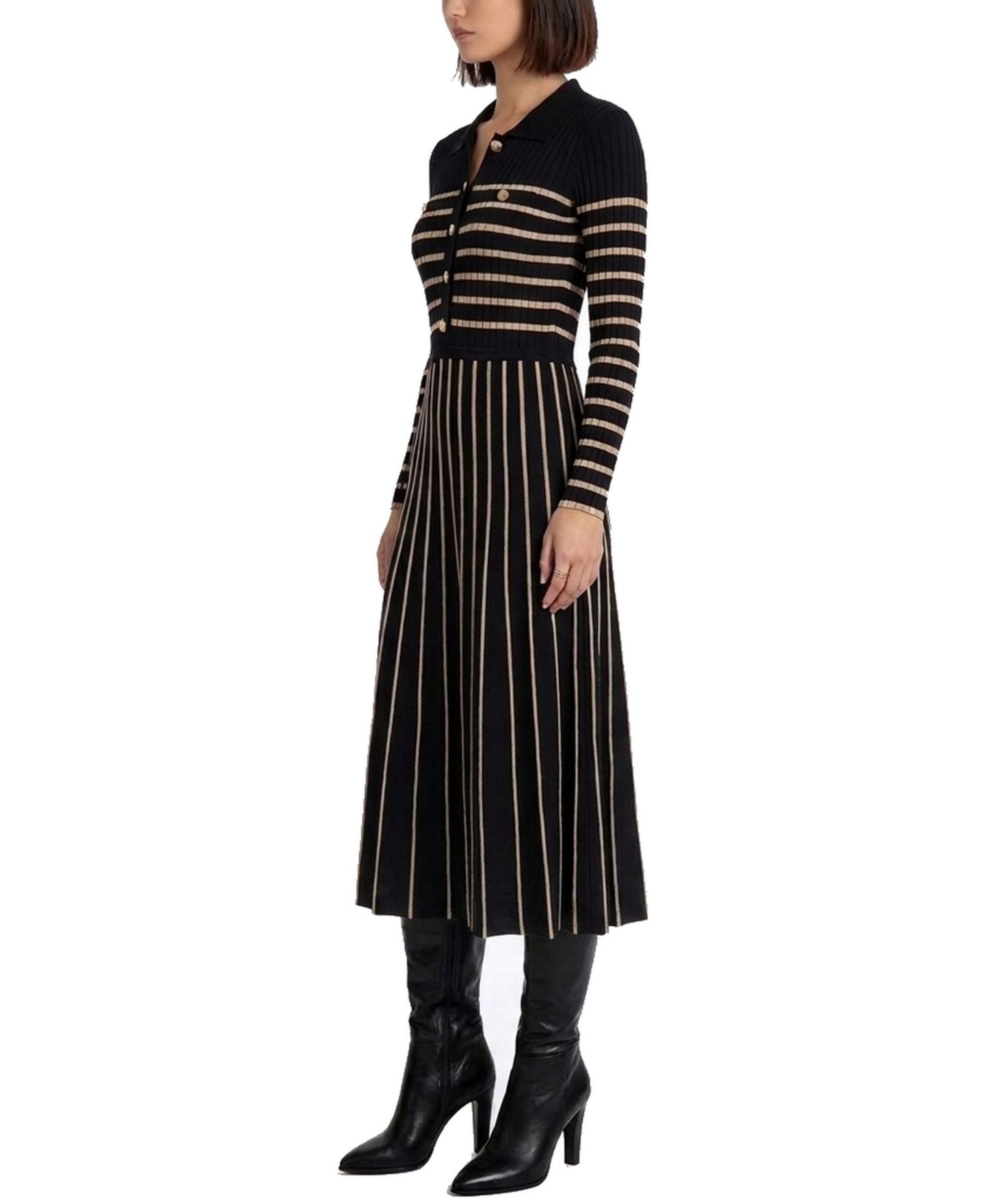 Женское платье Elie Tahari Elodie Long-Sleeve Collared Midi Sweater Dress, цвет: Чёрный / Toasted Saffron — фото 5