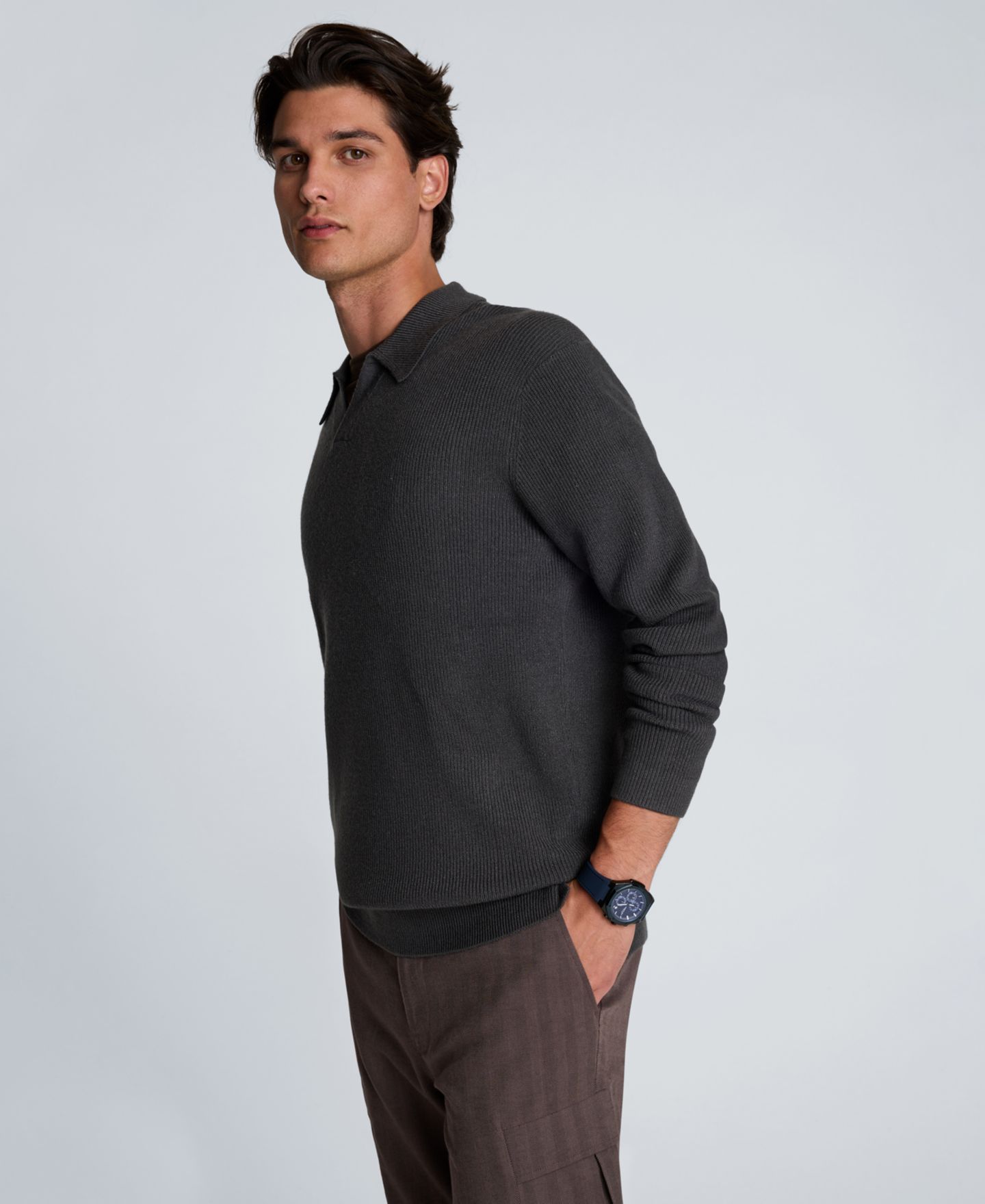 Мужское поло Kenneth Cole Long-Sleeve Classic-Fit Johnny Collar Polo Shirt, цвет: Угольный — фото 3