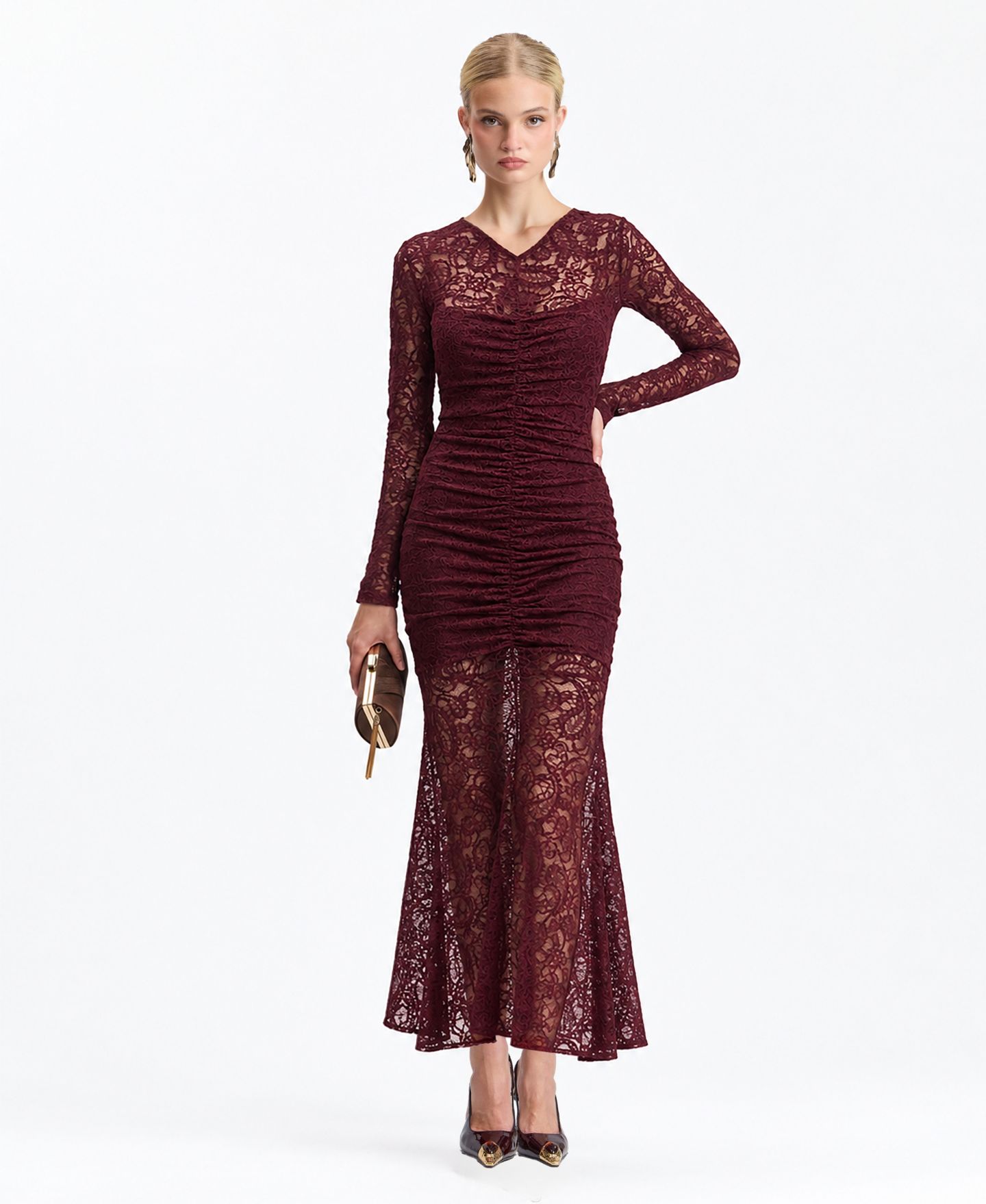 Женское платье Avec Les Filles Stretch Lace V-Neck Long-Sleeve Maxi, цвет: Винный — фото 2