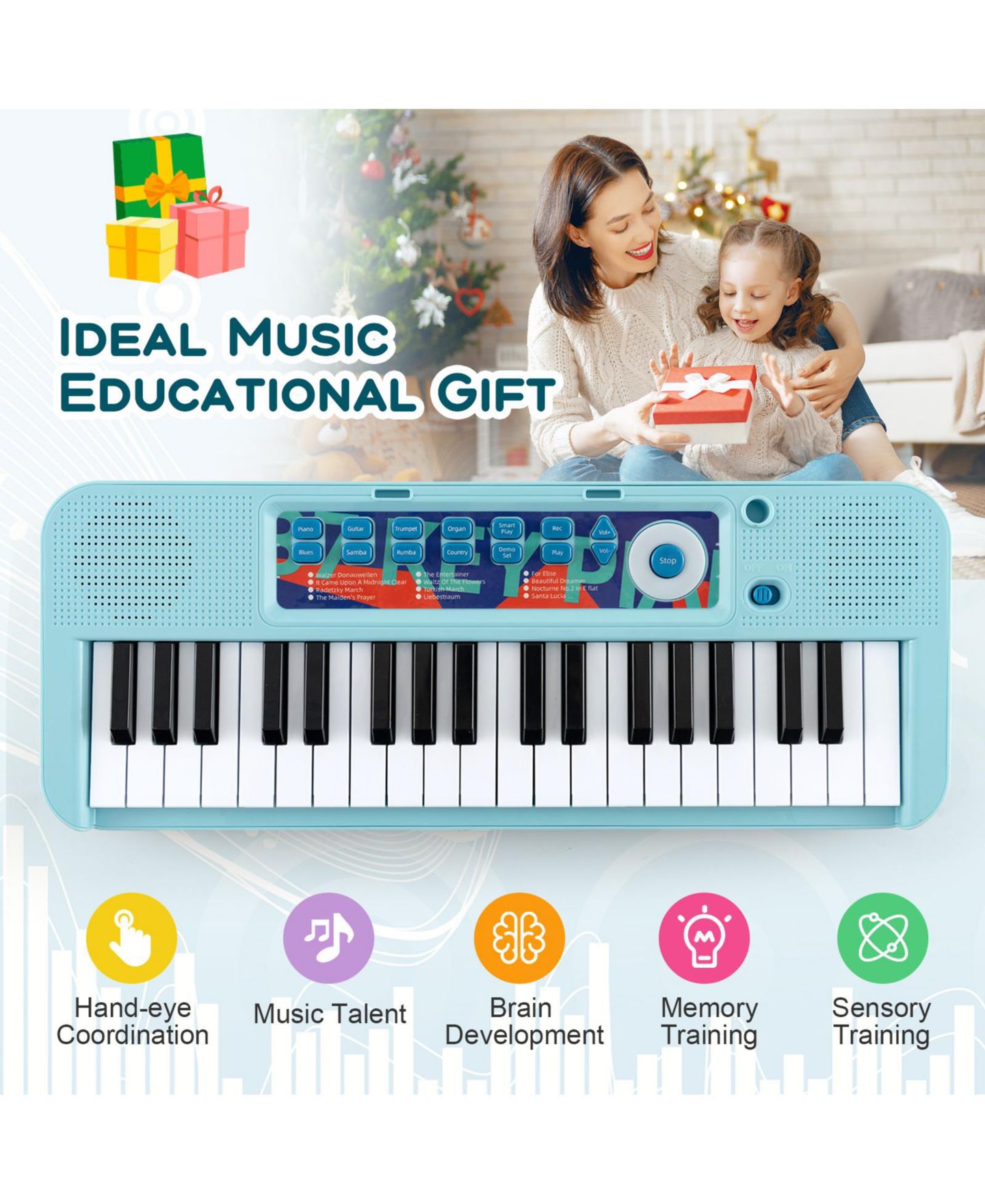 Детские игрушки Mecale 37-Key Kids Piano Keyboard with Microphone and Stool, 4-Piece Set, Ages 3+, цвет: Синий — фото 6