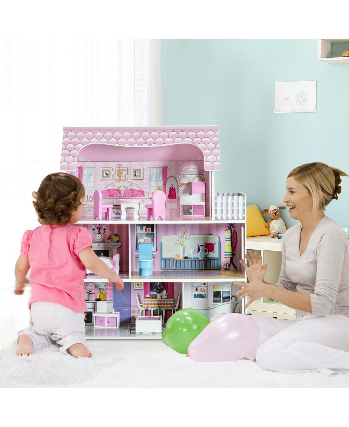 Детские аксессуары для кукол Mecale 28-in 3-Level Dollhouse with 5 Themed Rooms and 8 Furniture Pieces, Ages 3+, цвет: Розовый — фото 10