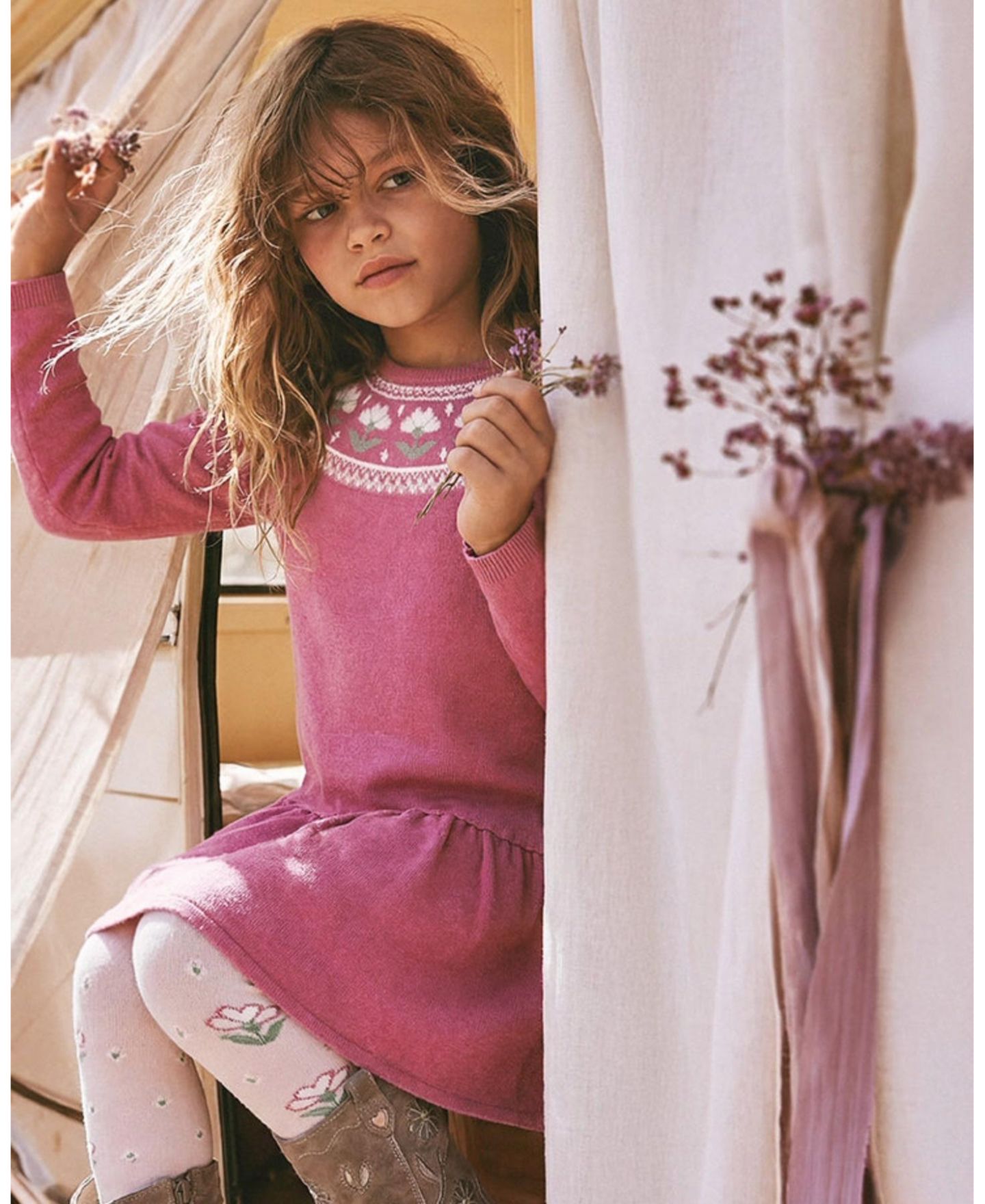 Платье Deux par Deux Knitted Dress with Flower Jacquard Raspberry для девочек-малышей, цвет: Малиновый розовый — фото 3