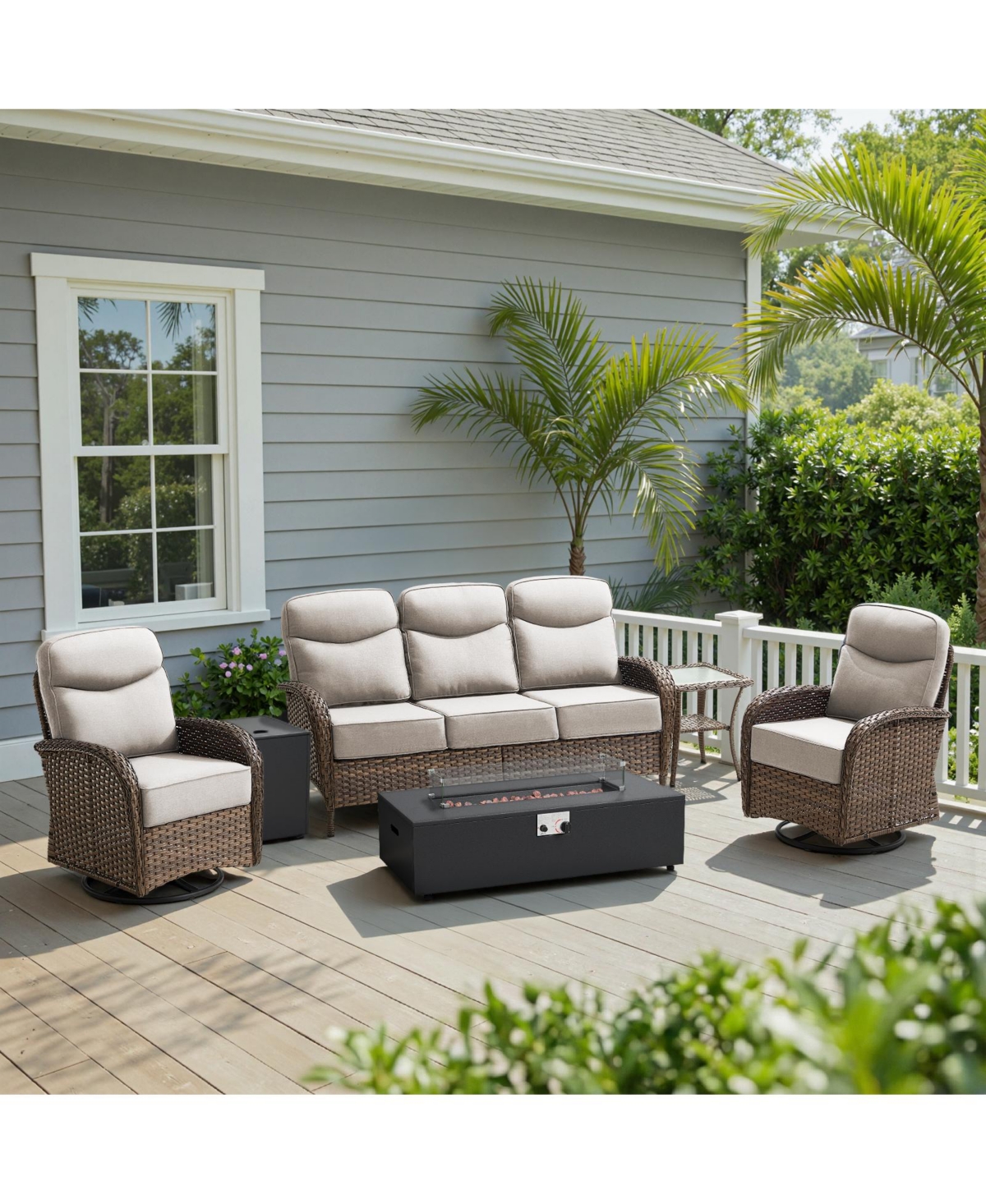 Bellefurn Outdoor Wicker Conversation Set with Fire Pit Table, 6" Olefin Cushions, All-Weather Patio Furniture
