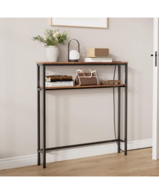 Slim Console Table with Built-in Outlets, 2-Tier Metal Sofa Table for Entryway