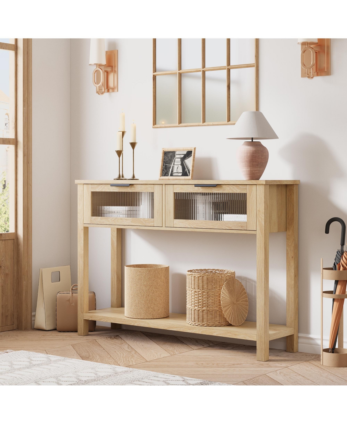 43" Warm Wood Console Table with 2 Glass-Front Drawers and Lower Shelf, Sofa Table for Entryway, Hallway