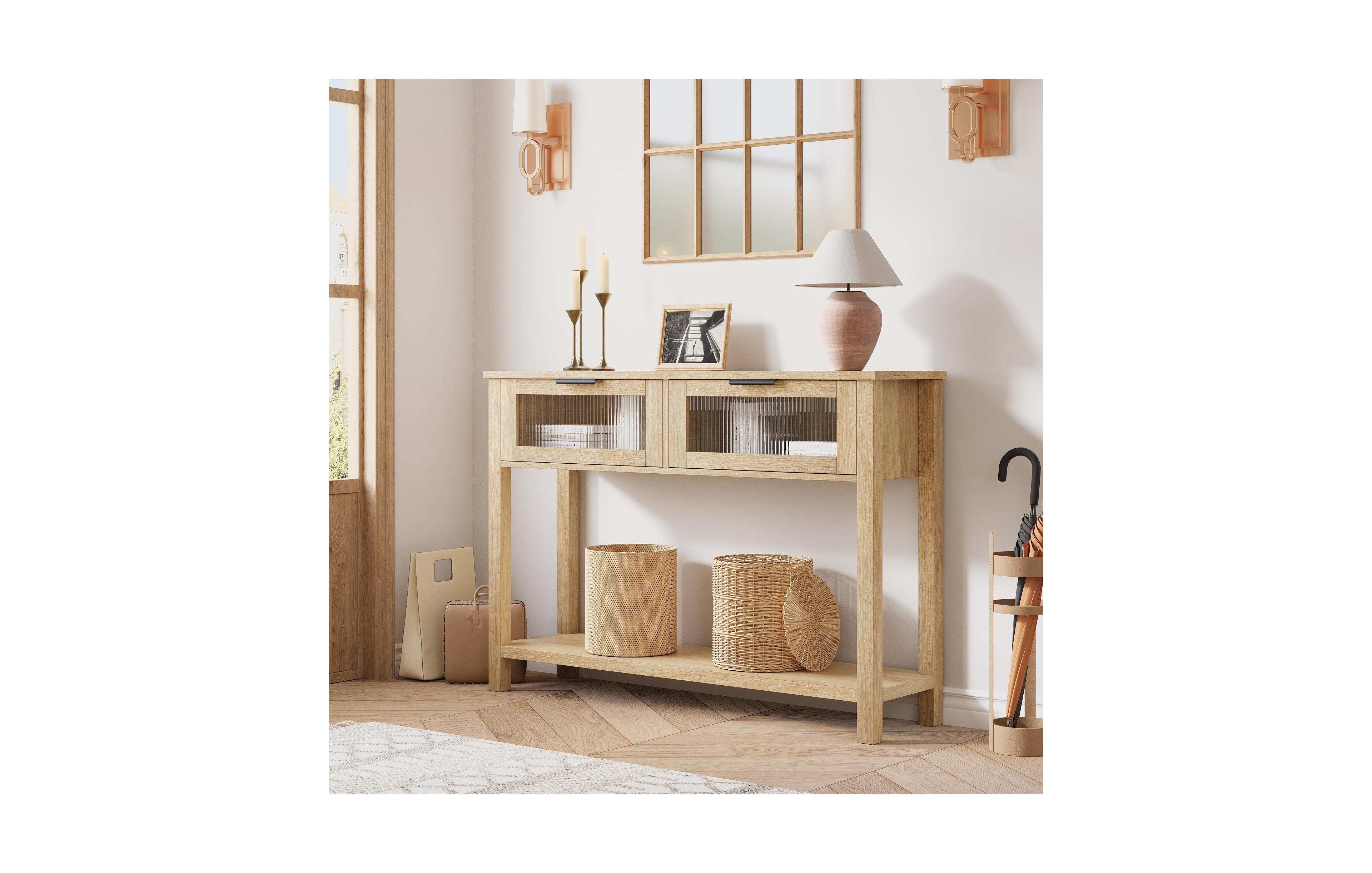 43" Warm Wood Console Table with 2 Glass-Front Drawers and Lower Shelf, Sofa Table for Entryway, Hallway