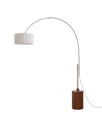 Tambo Scallop Adjustable Arc Lamp - Satin Nickel, Dark Walnut Wood Base, Scallop Linen Shade, Dimmable