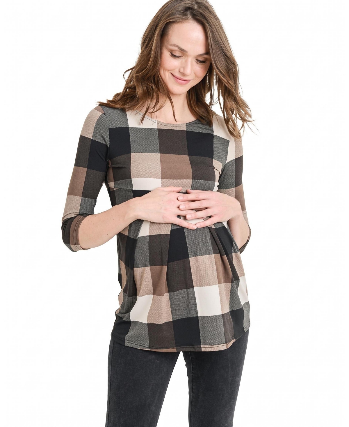 Hello Miz Women's Plaid Front-Pleated Three-Quarter-Sleeve Top