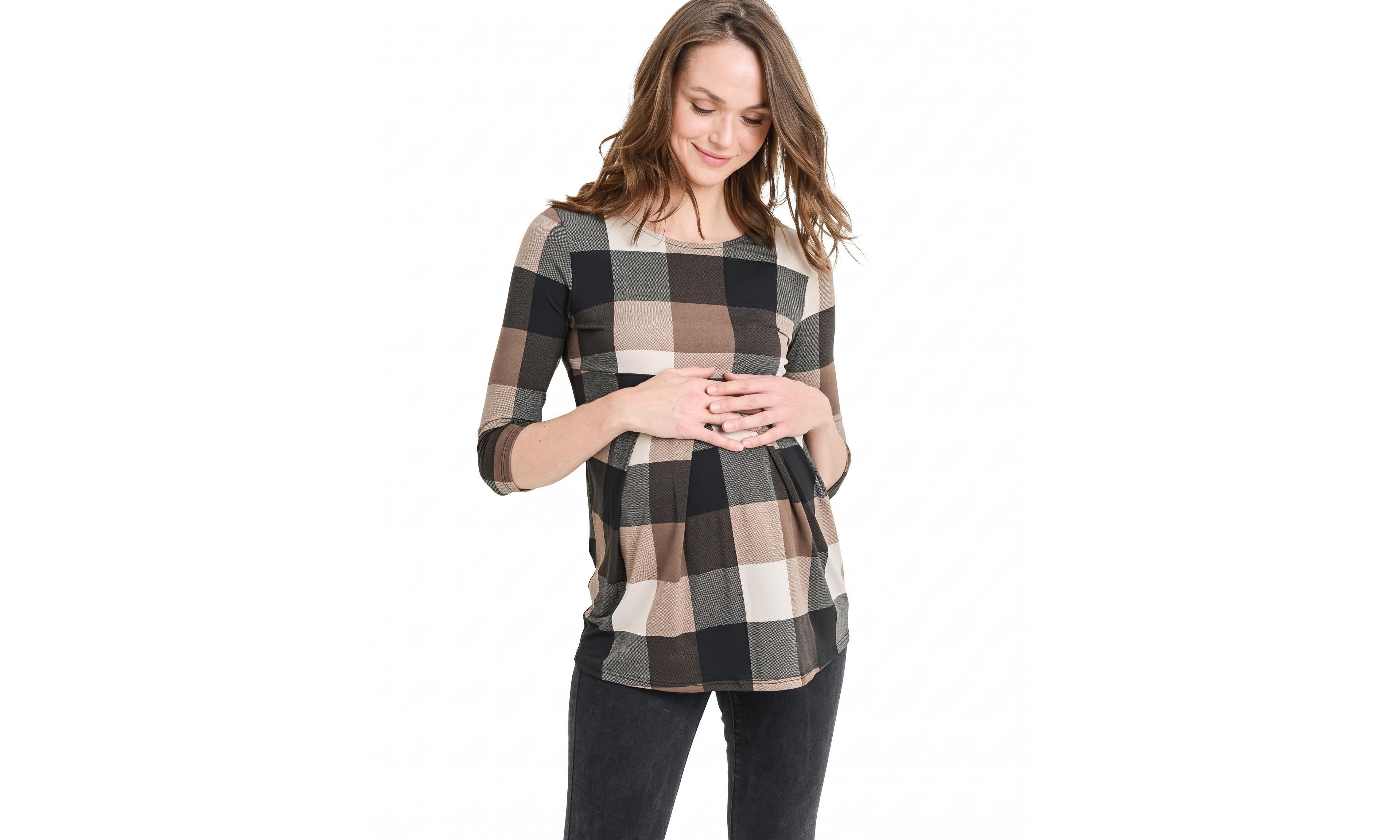Hello Miz Women's Plaid Front-Pleated Three-Quarter-Sleeve Top