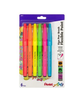 Arts Sign Pen Brush Tip, Assorted Fluorescent Colors, 6-Pk