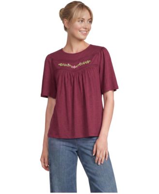 Women's Elbow-Sleeve Slub Jersey Embroidered Pintuck Blouse