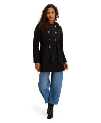 Women's Double-Breasted Softshell Coat With Hood and Self-Tie Belt