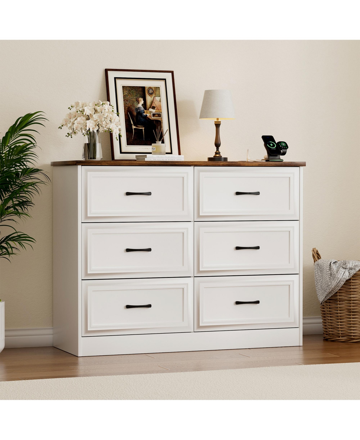 Vabches Rustic Wood 6-Drawer Double Dresser with Power Outlet and Usb Charging Station for Bedroom Living Room Entryway