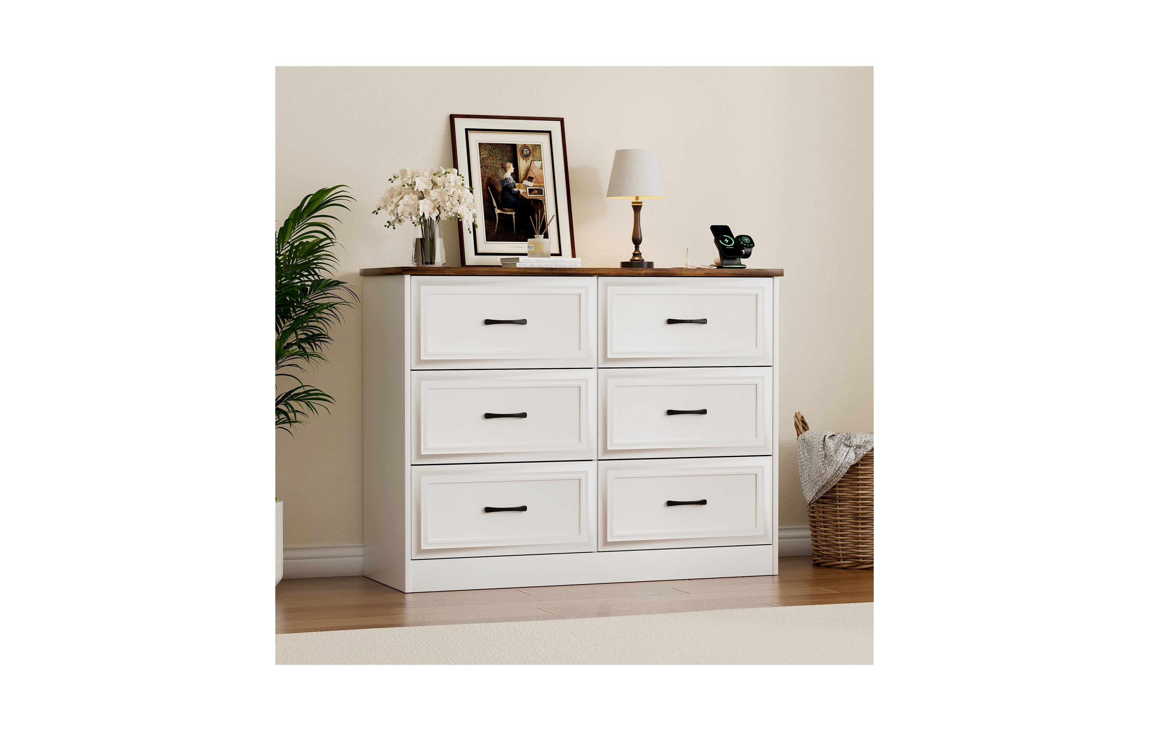 Vabches Rustic Wood 6-Drawer Double Dresser with Power Outlet and Usb Charging Station for Bedroom Living Room Entryway