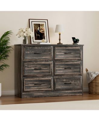 Rustic Wood 6-Drawer Double Dresser with Power Outlet and USB Charging Station for Bedroom Living Room Entryway