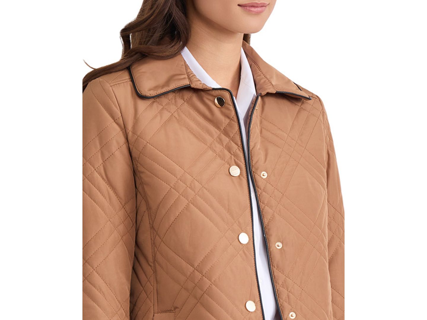 Женская куртка Jones New York Triple-Diamond-Quilted Faux-Leather-Piping, цвет: Карамельный / Чёрный — фото 3