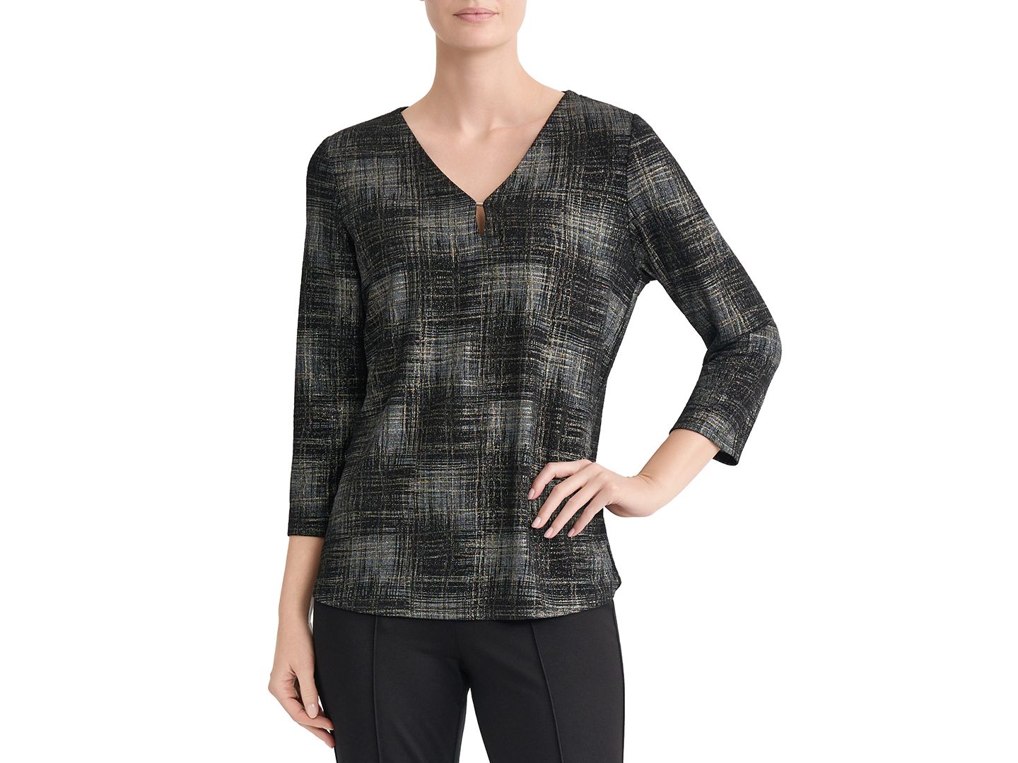 Женская блузка Jones New York 3/4-Sleeve Keyhole V-Neck, цвет: Чёрный — фото 1