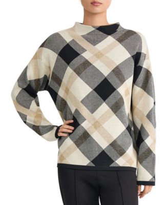 Women's Lurex Diagonal Plaid Mock Neck Long-Sleeve Sweater