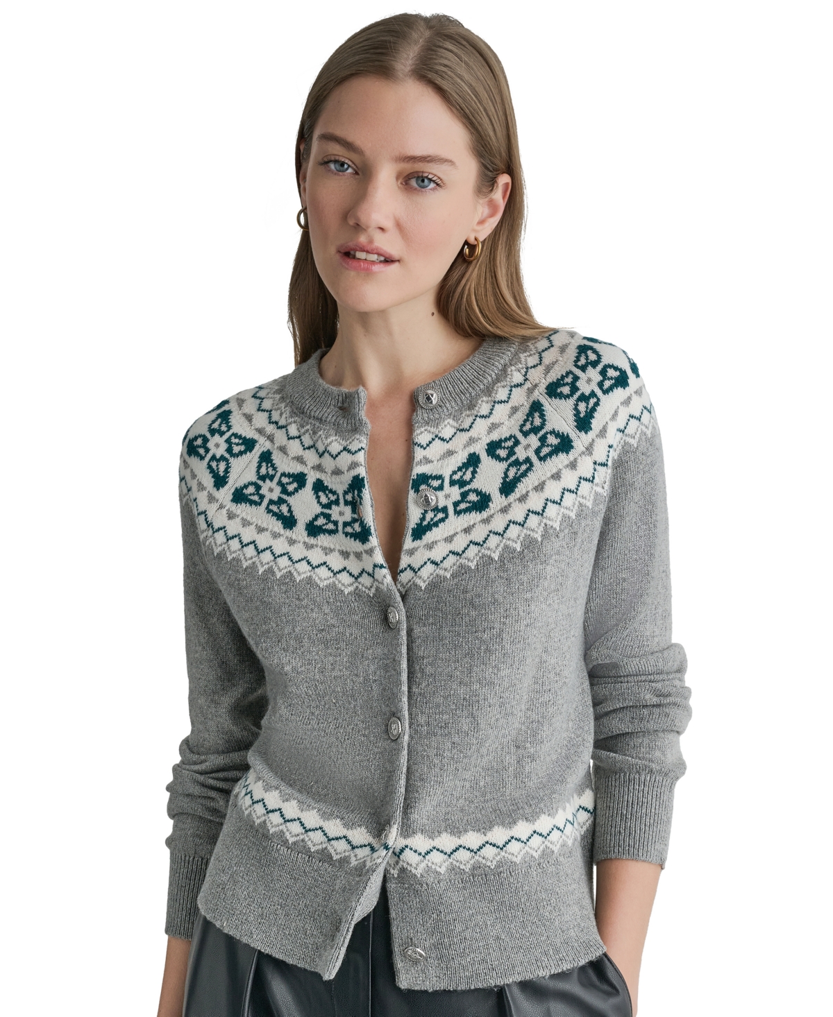 Bcbg Women's Fair Isle Crewneck Cardigan In Gray Heather Multi
