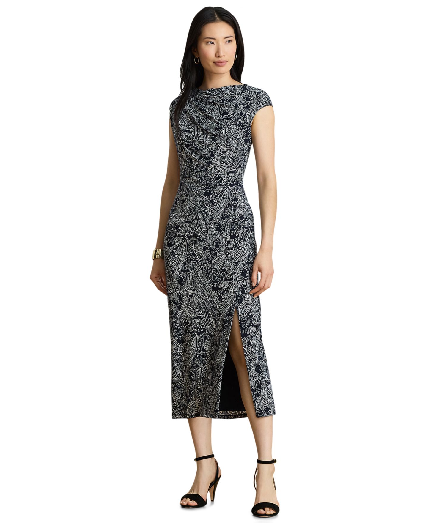 Женское платье Lauren Ralph Lauren Paisley Stretch Jersey Cap-Sleeve, цвет: Тёмно-синий / Кремовый разноцветный — фото 1