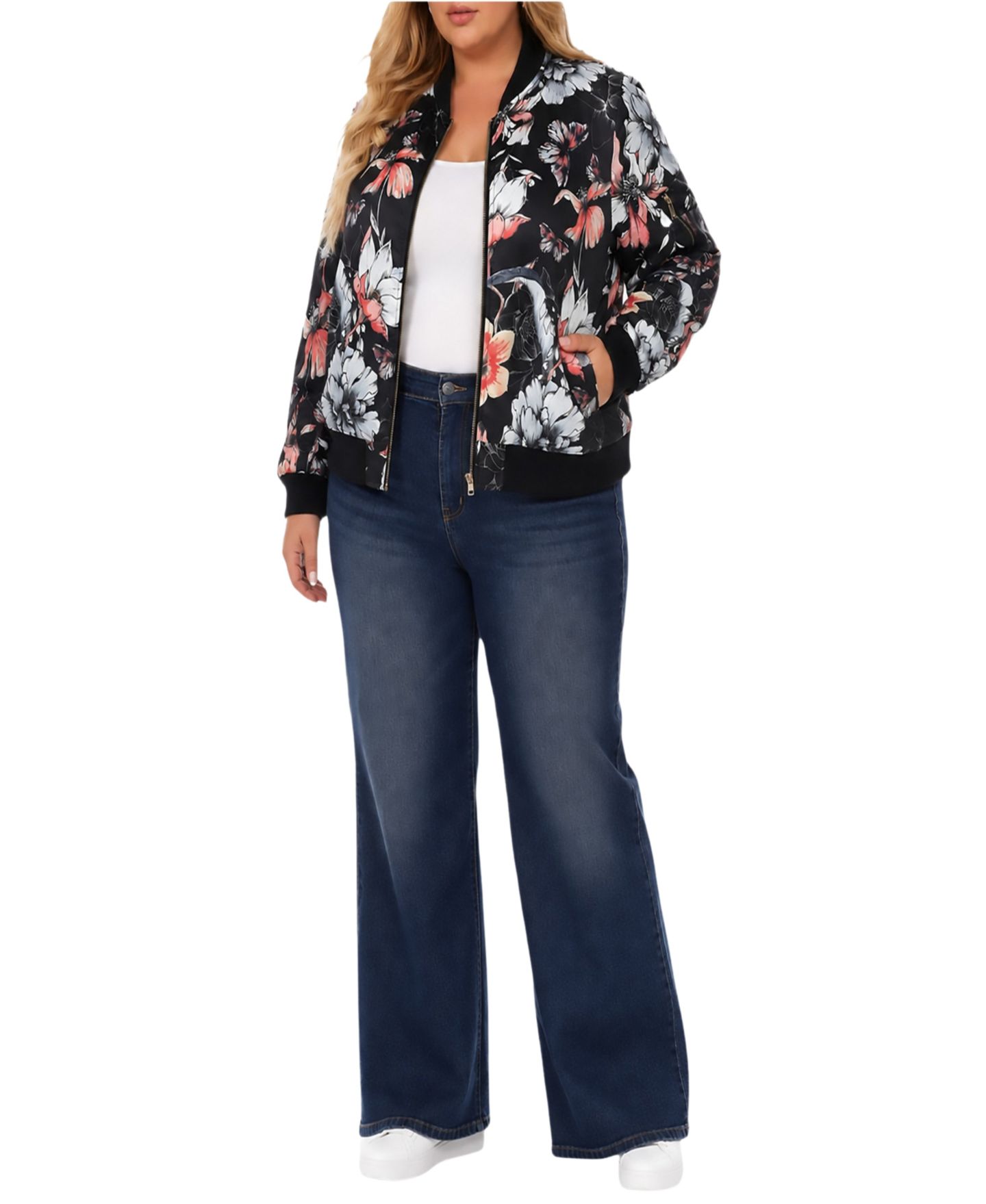 Женская куртка White Mark Plus Size Floral-Print Bomber, цвет: Чёрный — фото 2