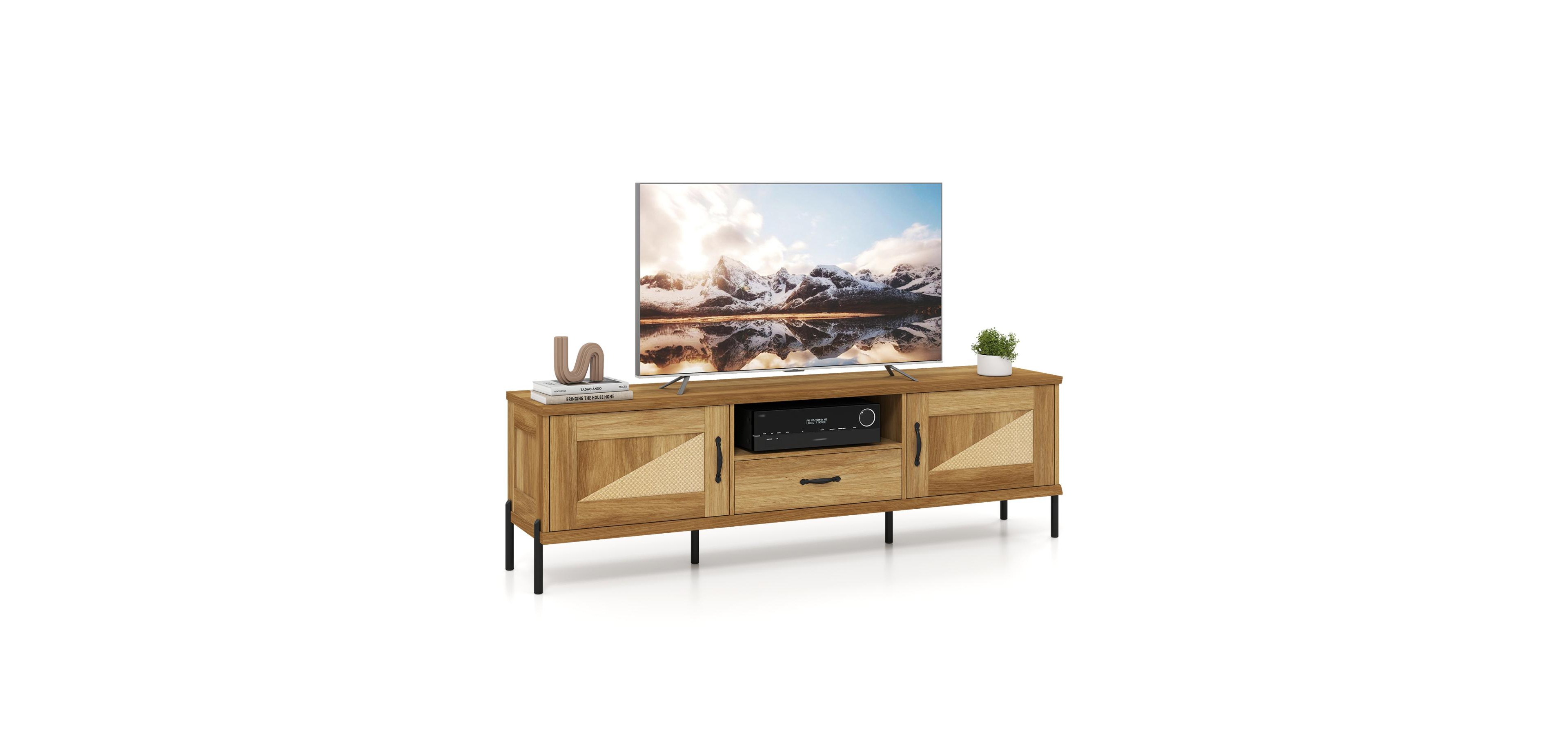 Mecale Rattan Tv Stand for 80-Inch TVs with 2 Storage Cabinets
